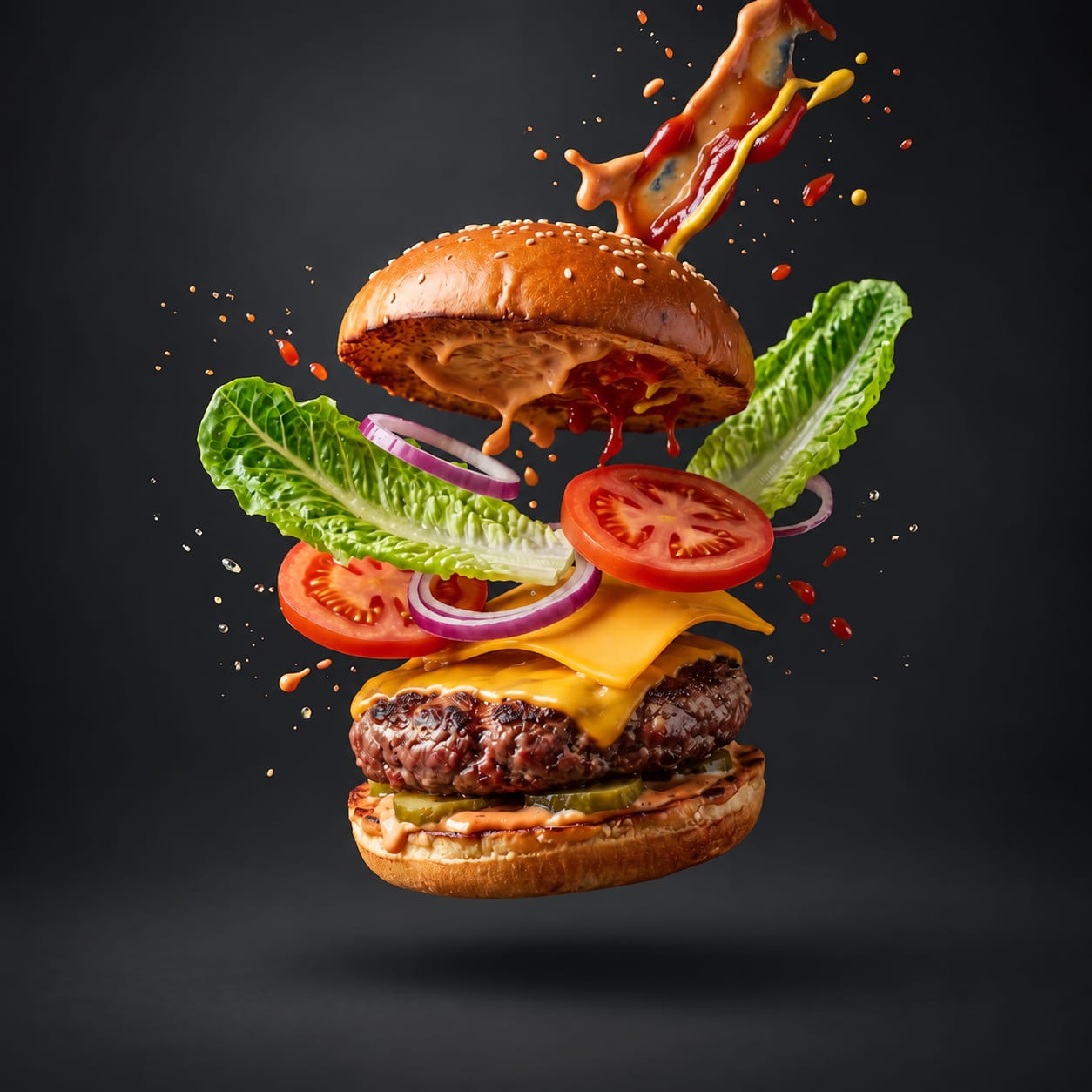 Cheeseburger mit Salat, Tomate und Zwiebel, in seine Zutaten zerlegt vor dunklem Hintergrund